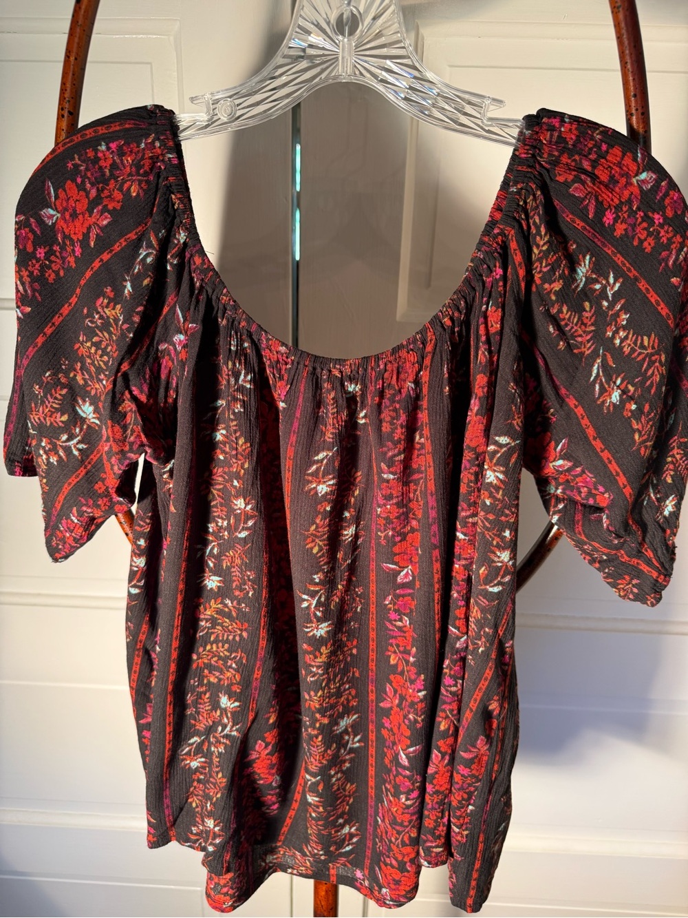 Volcom Floral Peasant Top Boho Puff Sleeve Off Shoulder Blouse Medium